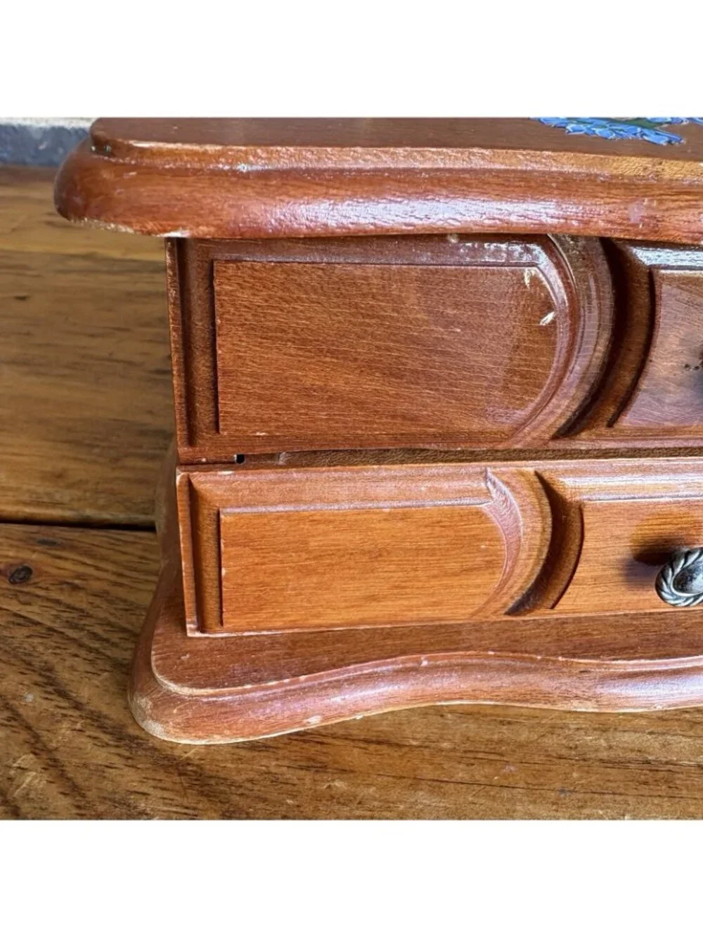 Vintage Small  Wooden Jewelry Box With Drawer Floral Decoupage Rub-on Transfer